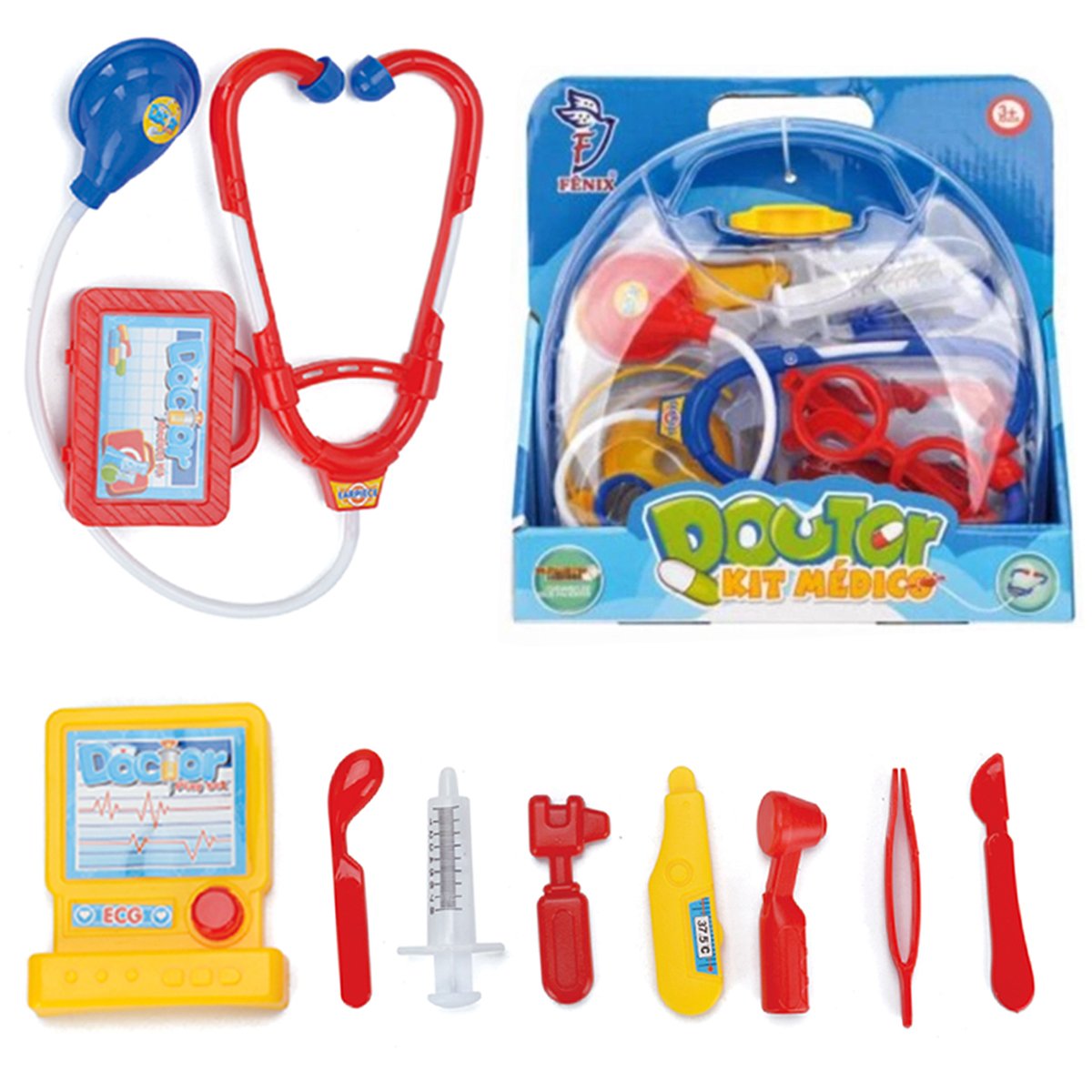 Kit Médico Brinquedo Infantil com Maleta Doutor Fenix 10 Peças Azul e Vermelho - 1