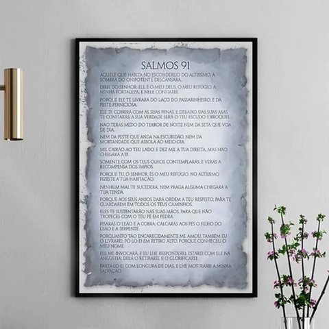 Quadro Salmo 91 - Papiro Cinza 24x18cm - com Vidro:moldura Preta