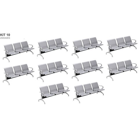 Kit com 10 Cadeiras Longarina Aeroporto Cromada 3 Lugares