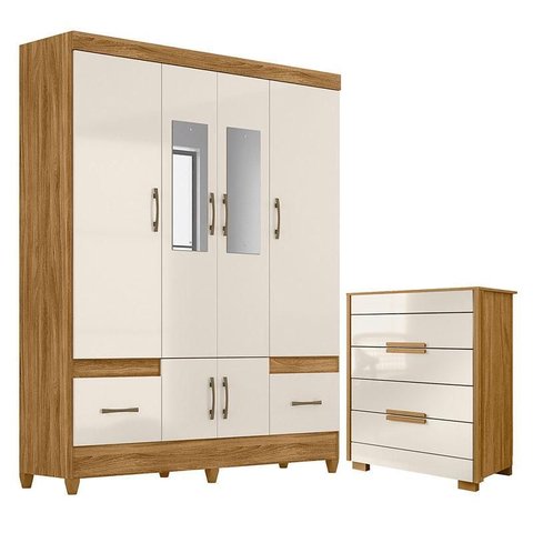Guarda Roupa Casal Ms912 com Espelho e Cômoda Dhara Freijó Off White – Moval