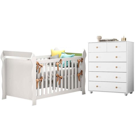 Berço Americano Lara com Cômoda Vittoria 6 Gavetas Branco - Móveis Albatroz