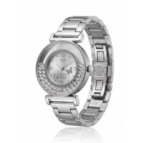 Relógio Feminino Luxo Paris com Strass Correa Metal + Caixa