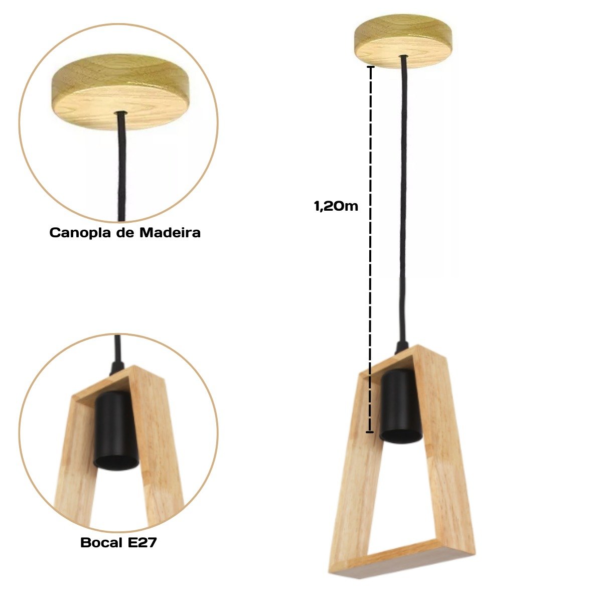 Lustre Pendente Rústico Pirâmide em Madeira Tampa Canopla Regulável 1,20m para Teto Fio Pp Bocal Soq - 2