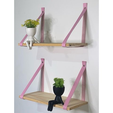 Kit 3 Prateleiras de Pinus - Alça de Couro 40 X19cm:rosa