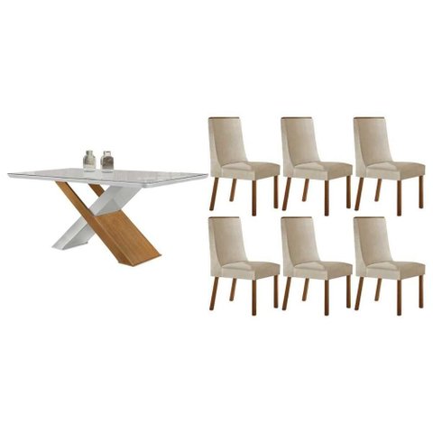 Conjunto: Mesa Sala Jantar Imperatriz Tampo c/ Vidro Curvo 180cm+6 Cadeiras Dakota Madeira Naturale/