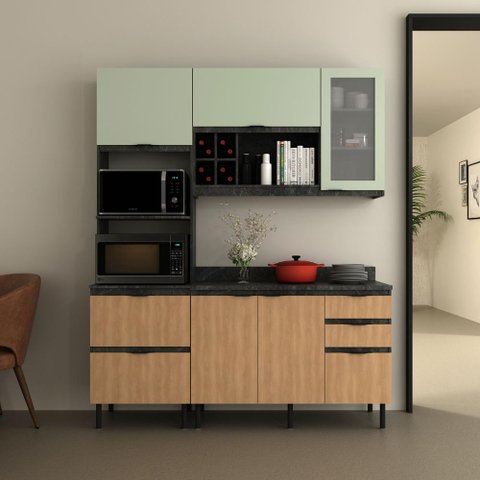 Cozinha Modulada Esmeralda 180cm Nicho 2 Fornos 4 Peças Cor:lunar com Freijó e Verde Mar