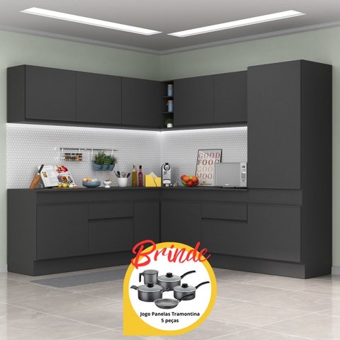 Armário Cozinha Completa Canto Veneza Mp2101 Multimóveis Preto + Brinde Jogo de Panelas Tramontina