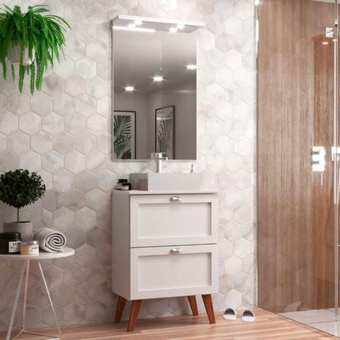 Gabinete para Banheiro com Tampo Cuba e Espelheira 60cm Retro Mdf Branco Milano - On Móveis