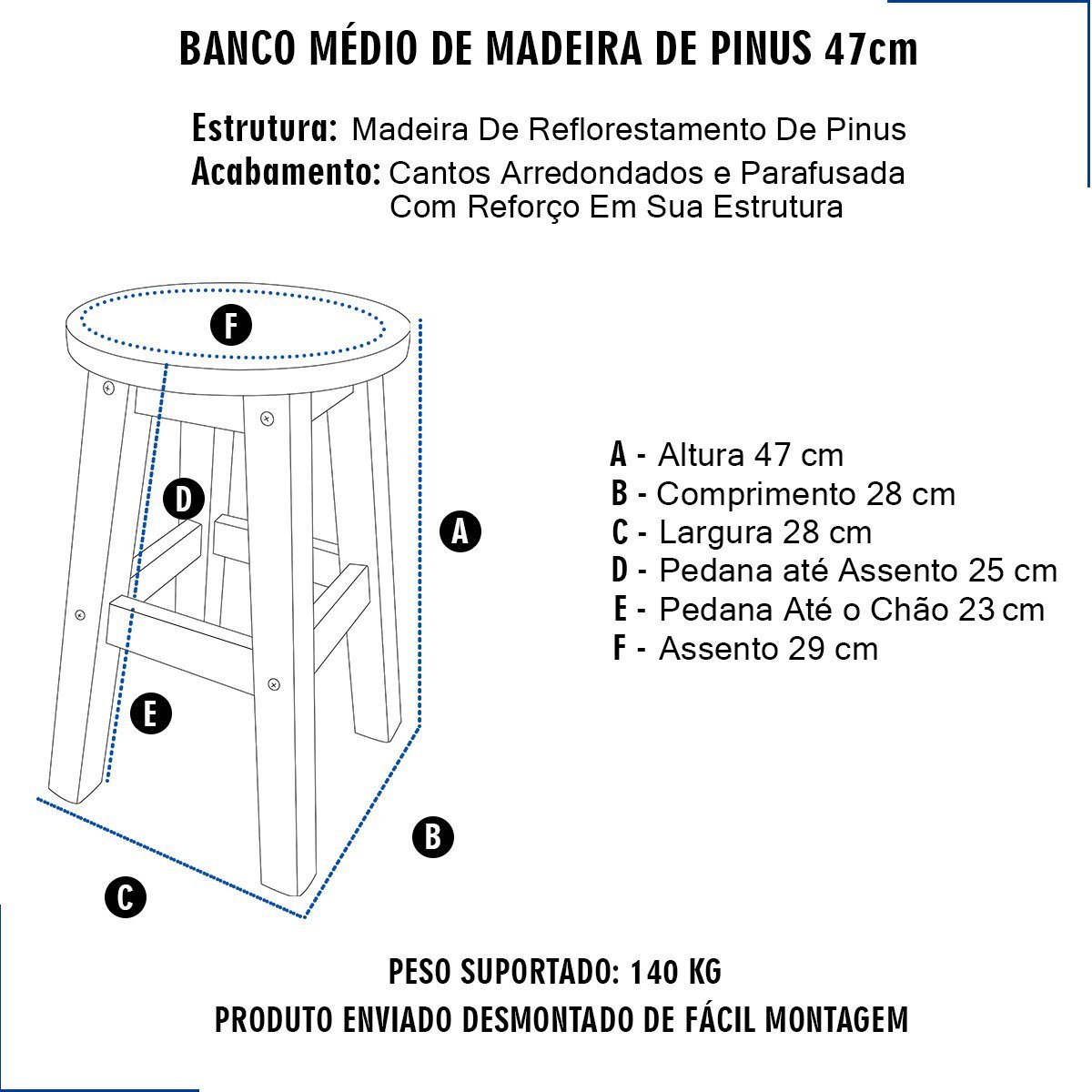 Banco Médio Redondo Banqueta Média De Madeira Natural 47cm Resistente Cozinha, Barzinho, Lanchonete  - 2