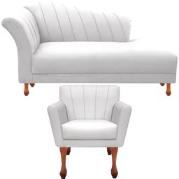 Conjunto Recamier Sofá Divã Chesterfield + Poltrona Iza:Corino Branco - 1