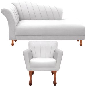 Conjunto Recamier Sofá Divã Chesterfield + Poltrona Iza:Corino Branco
