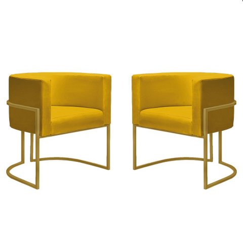 Kit 2 Poltronas Reforçadas Decorativa Sala Nayara Base Ferro Dourado Suede Amarela