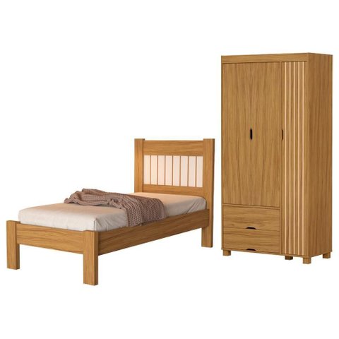 Guarda Roupa Solteiro 3 Portas Dobráveis 2 Gavetas e Cama Bela MDF Nature Off Milani Movelaria
