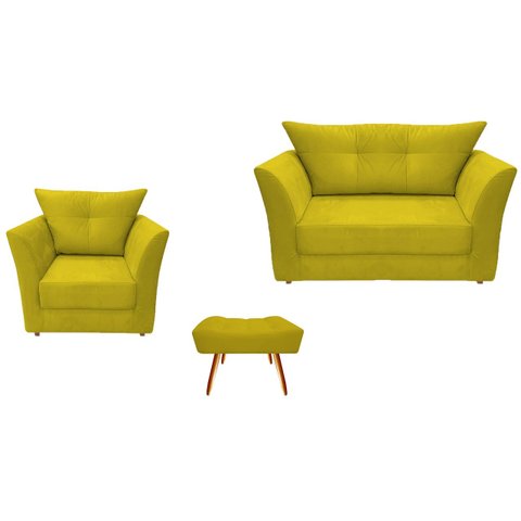 Kit Namoradeira + 1 Poltrona Decorativa Isis + 1 Puff Retangular Couro Amarelo Pés Madeira Ms Decor