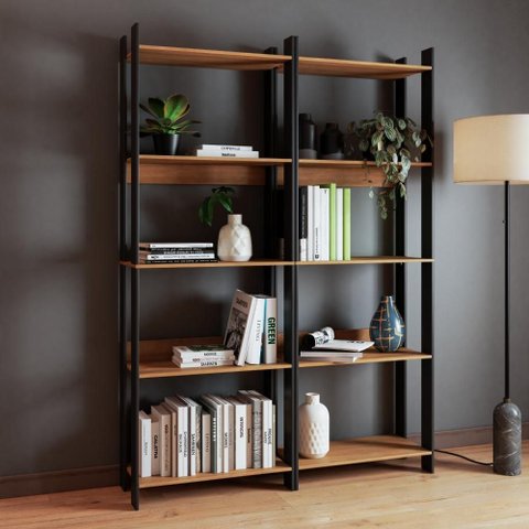 Kit 2 Estantes para Livros 10 Prateleiras Estilo Industrial Lâmina Mel/preto - Brv Móveis