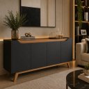 Ver imagem 3 de Buffet Aparador 4 Portas com Pés de Madeira Ravena 180cm Sala de Estar Jantar - Preto / Cedro