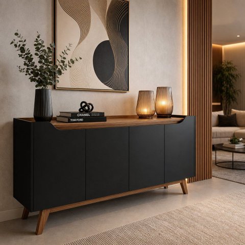 Buffet Aparador 4 Portas com Pés de Madeira Ravena 180cm Sala de Estar Jantar - Preto / Cedro