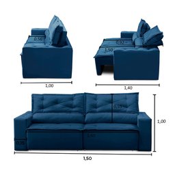 Sofá Retrátil e Reclinável 2 lugares com Molas 1,50m Livia Suede Azul Adonai Estofados - 3