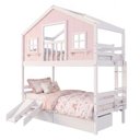 Ver imagem 3 de Beliche Casinha Dos Sonhos com Varanda 02 Gavetas e Kit Escorregador Madeira Maciça Rosa | Branco
