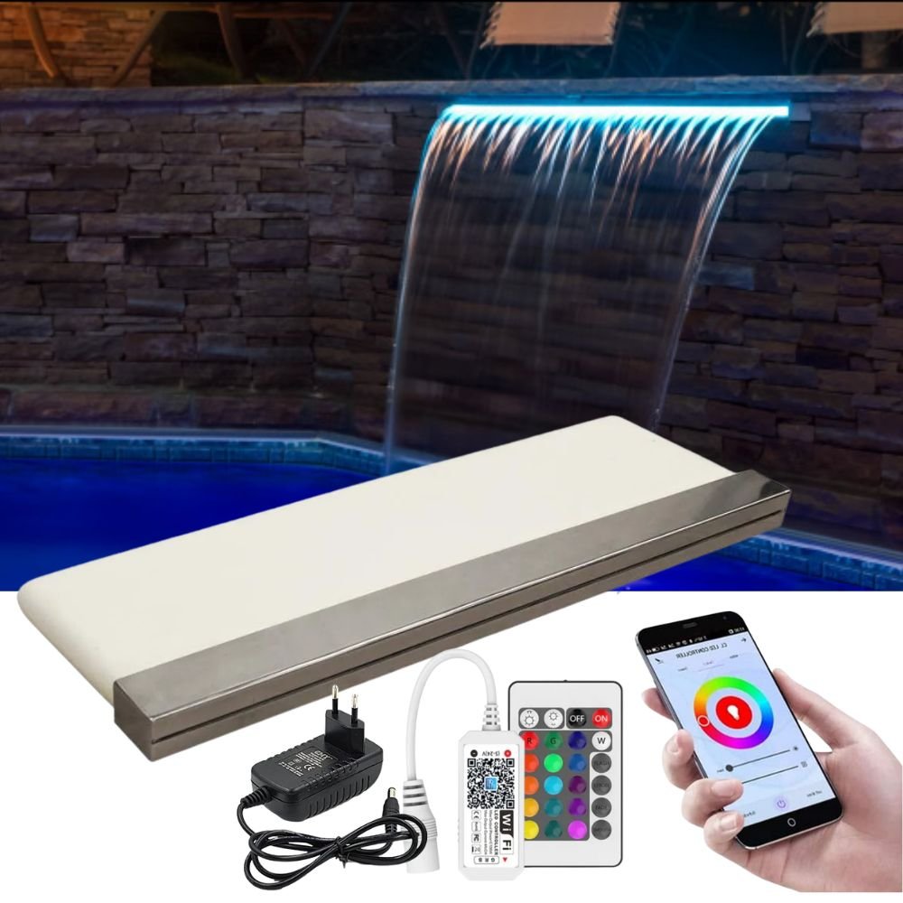 Cascata para Piscina 160cm de Embutir com Iluminação Led RGB e Controlador WiFi