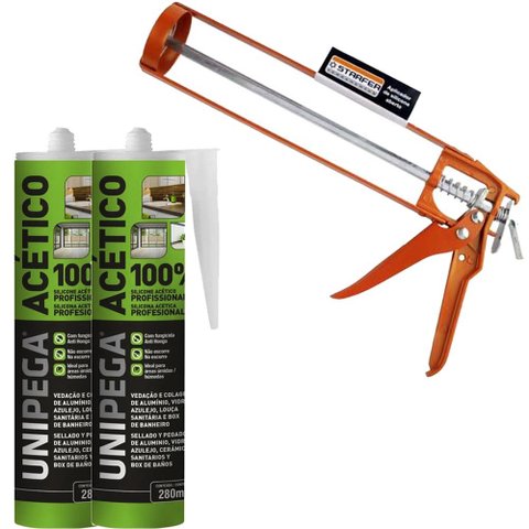 Aplicador de Silicone Aberto e 2 Silicone Acético Incolor 280ml - Unipega