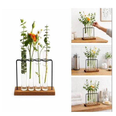 Vaso de Ensaio Decorativo com 4 Tubos de Vidro e Base em Madeira Transparente com Design Moderno