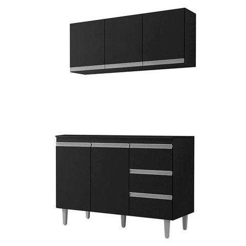Balcão de Cozinha com Tampo 120 Cm e Armário Aéreo Andréia Preto Fosco - Ajl