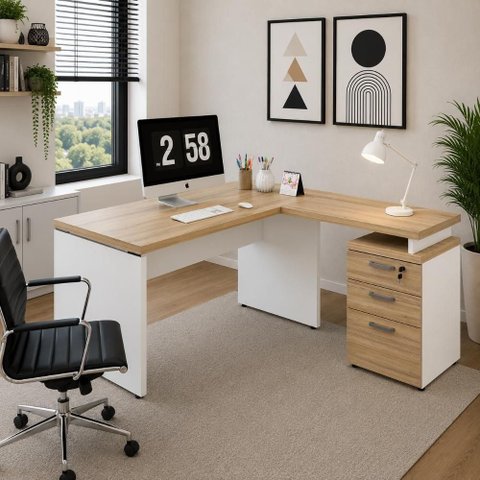 Mesa em L com Gaveteiro F5 Moderno 3 Gavetas MDP 150cm Macadâmia com Branco