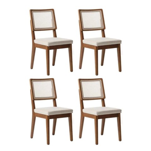 Conjunto de 4 Cadeiras de Madeira Maciça Saga Encosto Palhinha Natural com Linho Off White