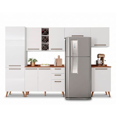 Armário de Cozinha Completa com Adega 9 Portas 3 Gavetas Favorita Branco/Nature
