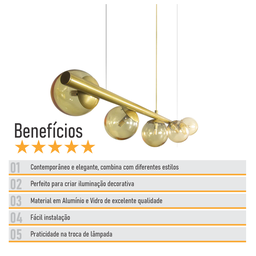 Lustre Pendente Figo Ouro - 5 Globos Esfera de Vidro Âmbar - 7