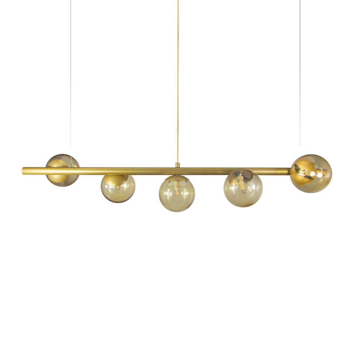 Lustre Pendente Figo OURO - 5 Globos Esfera de Vidro Âmbar