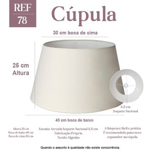 Cúpula Clássica Abajur 25x30x40cm Grande de Tecido Algodão Soquete Nacional Ref 78