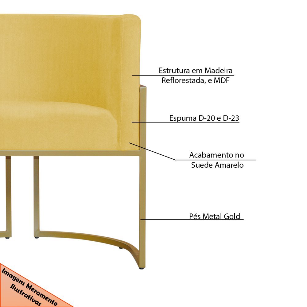 Kit 3 Poltronas Decorativa Sala de Estar Luana Base Gold Suede Amarelo - Montanaris Decor Md Montana - 6