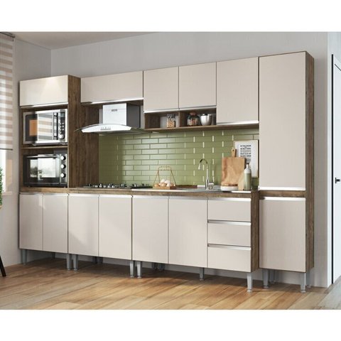 Cozinha Modulada Athena 6 Peças 2 Balcões 2 Armários Torre Quente e Paneleiro Bege/Itaúba/Off White