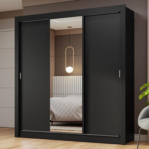 Guarda-roupa Casal 3 Portas de Correr com Espelho Preto Nobre Madesa Preto