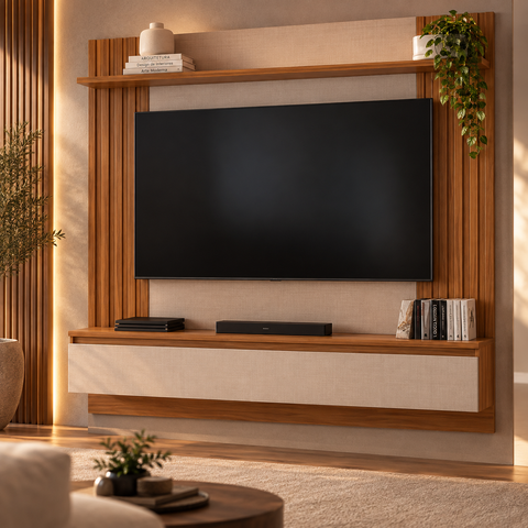 Painel para TV até 65 Polegadas 160cm com Porta e Prateleira Off White/Freijó - Notável Móveis