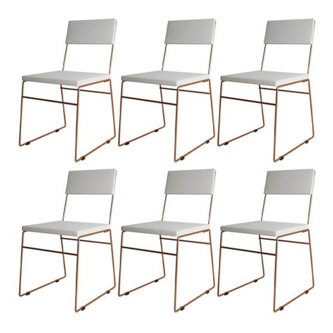 Kit 6 Cadeiras Málaga Corino Branco Base Cobre para Mesa Sala Cozinha - Cobre-Branco