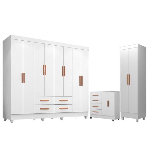 Guarda Roupa Casal Porto 8 Portas com Cômoda 4 Gavetas 2 Portas e Armário Multiuso Lite Branco Brilh