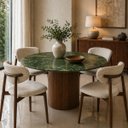 Ver imagem 4 de Mesa de Jantar 150 Cm Tampo Mármore Verde Vitória Régia e Base Cilíndrica Nogueira
