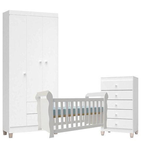 Quarto de Bebê 3 Portas com Gaveteiro Ternura Baby e Berço Lara Branco Brilho - Incorplac