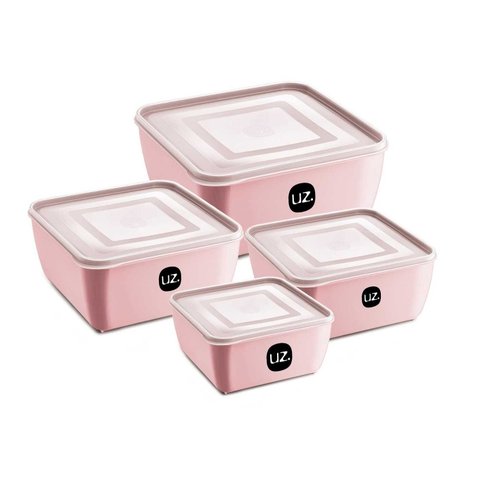 Kit 4 Potes Porta Mantimentos Quadrado Premium Multiuso Uz Uz298 - Rosa