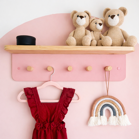 Cabideiro de Parede Infantil com Prateleira Auxiliar Rosa