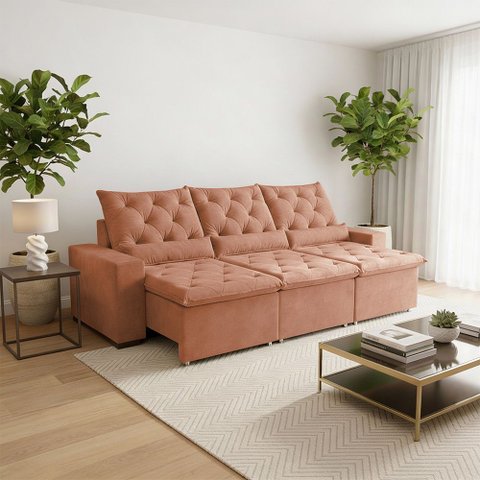 Sofá Retrátil Sunset Confort 210m Suede Estrutura Reforçada e Sistema Reclinável Milão Laranja