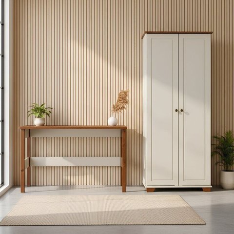 Conjunto 2 Peças Escrivaninha 120cm e Armário Multiuso Madeira Maciça Ananda CabeCasa MadeiraOriginals Off White Mel Branco