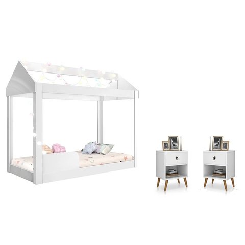 Quarto Infantil Completo com Mesa de Cabeceira 1 Gav e Cama Montessoriana Crystal Branco - Rede Móve