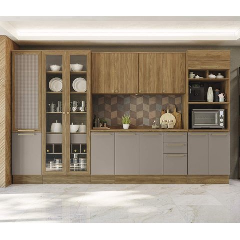 Armário de Cozinha Modulada Completa Reta 9 Peças 3,60m Botanic Kappesberg - Nogueira/Fendi