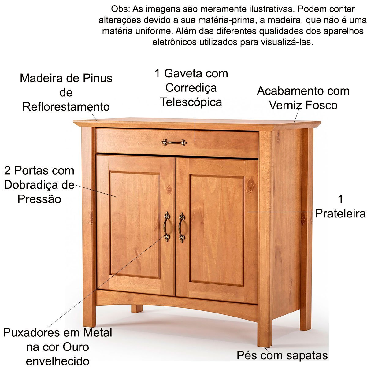 Buffet Aparador Madeira Maciça 2 Portas 1 Gaveta 93 Cm Bella Carvalho Fosco - 5