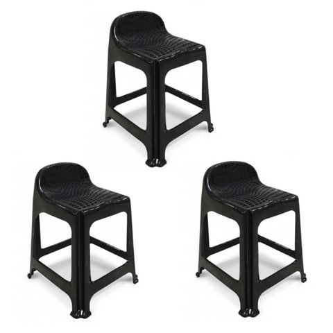Kit 3 Banquetas de Plástico Banquinho com Encosto Preto Empilhável