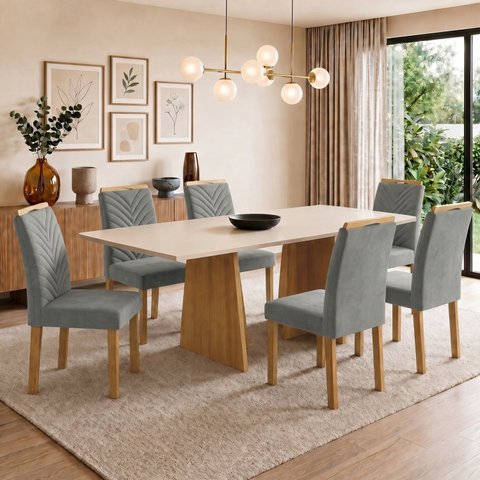 Conjunto Sala de Jantar 6 Lugares Retangular Tampo MDF 160x80cm Mesa Lyra e Cadeiras Carol